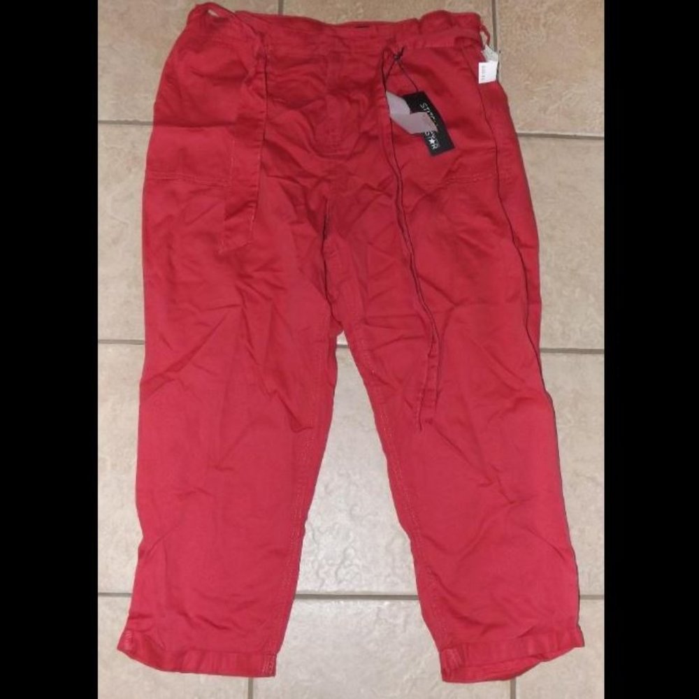 NEW Red Sz 12 Belted Utility Cotton Blend Cuffed Capri Cropped Pants Pockets